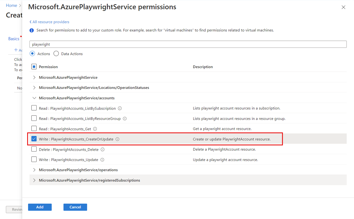 Screenshot that shows the list of permissions for adding to the custom role in the Azure portal, highlighting the permission record to add.