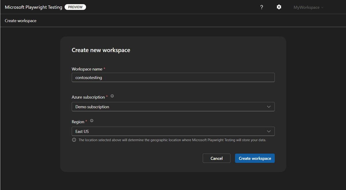 Screenshot that shows the 'Create workspace' page in the Playwright portal.