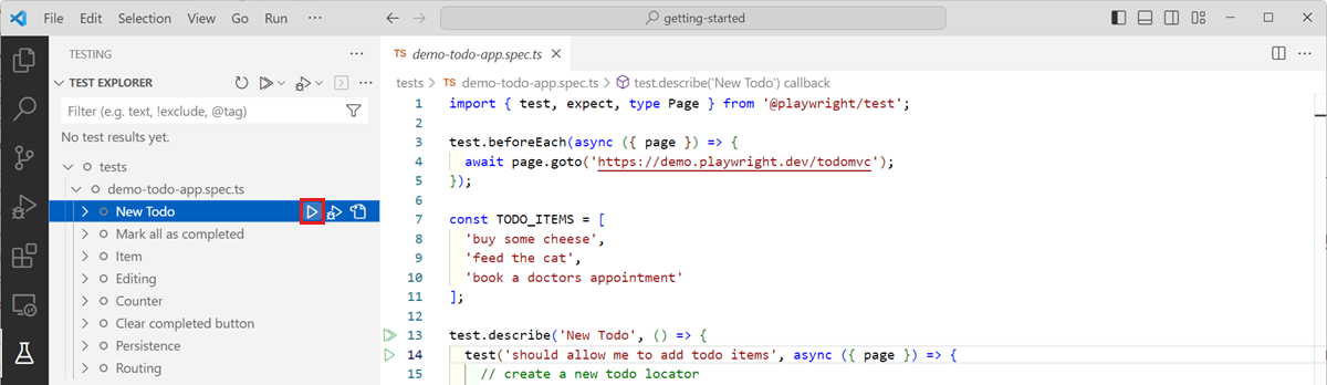 Snímek obrazovky, který ukazuje, jak spustit jeden test v editoru Visual Studio Code