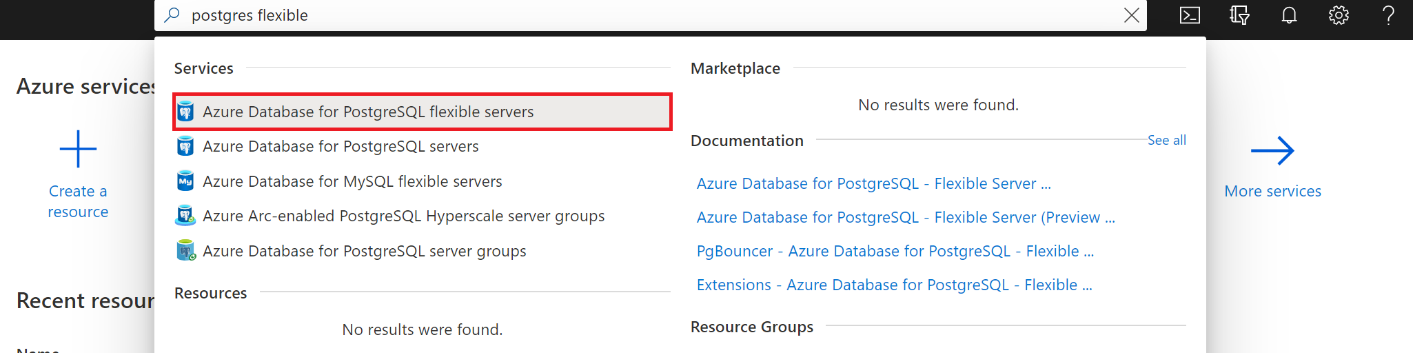 Snímek obrazovky znázorňující hledání serverů Azure Database for PostgreSQL