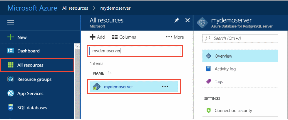 Azure Database for PostgreSQL – hledání serveru