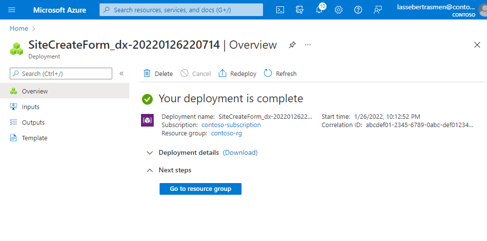 Snímek obrazovky webu Azure Portal znázorňující potvrzení úspěšného nasazení instance jádra paketů