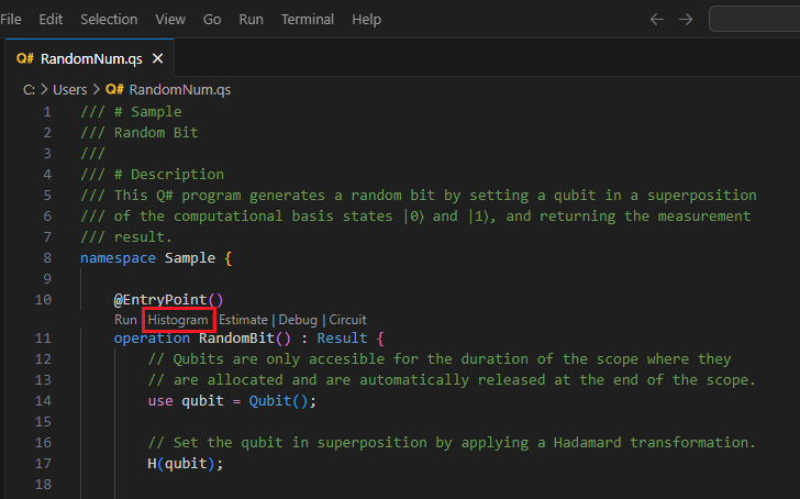 Snímek obrazovky se souborem Q# v editoru Visual Studio Code, který ukazuje, kde najít objektiv kódu pomocí příkazu histogram