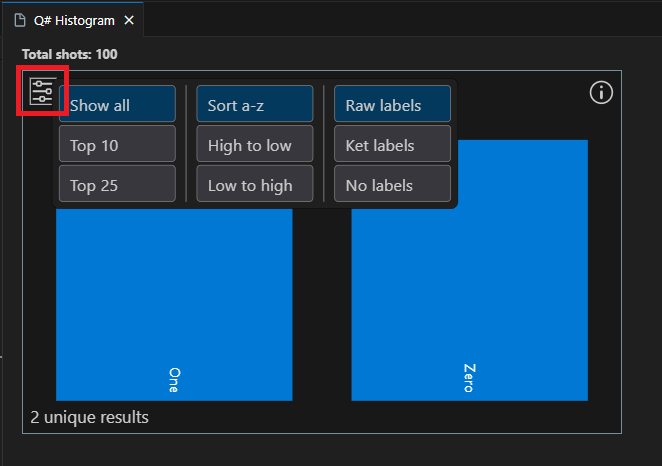 Snímek obrazovky s oknem histogramu Q# v editoru Visual Studio Code, který ukazuje, jak zobrazit nastavení