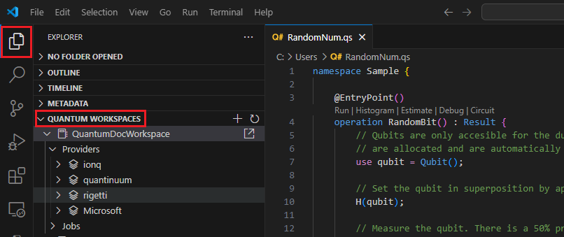 Snímek obrazovky editoru Visual Studio Code znázorňující, jak rozbalit podokno Pracovního prostoru Quantum