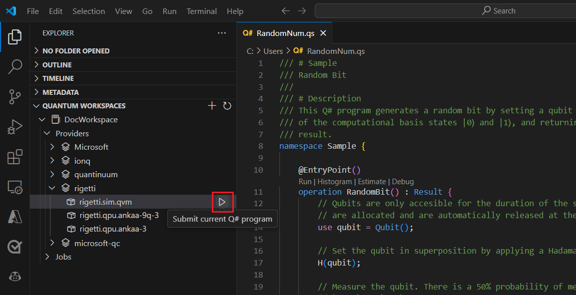 Snímek obrazovky editoru Visual Studio Code znázorňující, jak spustit simulátor Rigetti jako target.