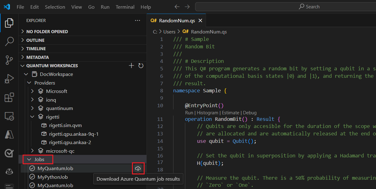 Snímek obrazovky editoru Visual Studio Code ukazující, jak stáhnout a zobrazit výsledky kvantové úlohy