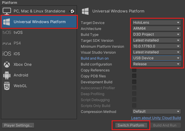 Snímek obrazovky s dialogovým oknem Unity Build Nastavení Položka Univerzální platforma Windows je vybrána v seznamu vlevo. Zvýraznění na pravé straně se umístí do rozevíracích polí nastavení a na tlačítko Přepnout platformu.