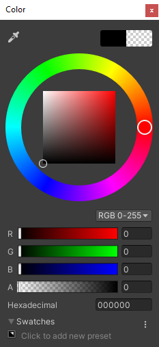 Snímek obrazovky s dialogovým oknem Kolo barvy Unity Barva je nastavená na 0 pro všechny součásti R G B A.