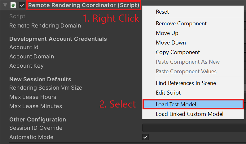 Snímek obrazovky inspektoru Unity skriptu koordinátoru vzdáleného vykreslování. Zvýrazní pokyn, aby nejprve klikl pravým tlačítkem na záhlaví a pak v místní nabídce vyberte Načíst testovací model.