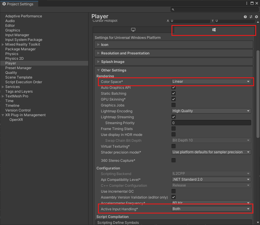 Snímek obrazovky s dialogovým Nastavení projektu Unity Položka Player je vybrána v seznamu vlevo. Zvýraznění na pravé straně se umístí na kartu s logem Windows, nastavením Barevné místo a nastavením Aktivní zpracování vstupu.