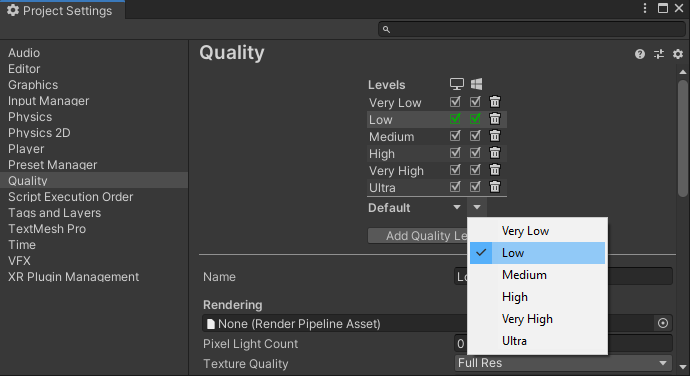 Snímek obrazovky s dialogovým Nastavení projektu Unity Položka Kvalita je vybrána v seznamu vlevo. Na pravé straně se otevře místní nabídka výchozí úrovně kvality. Je vybrána nízká položka.