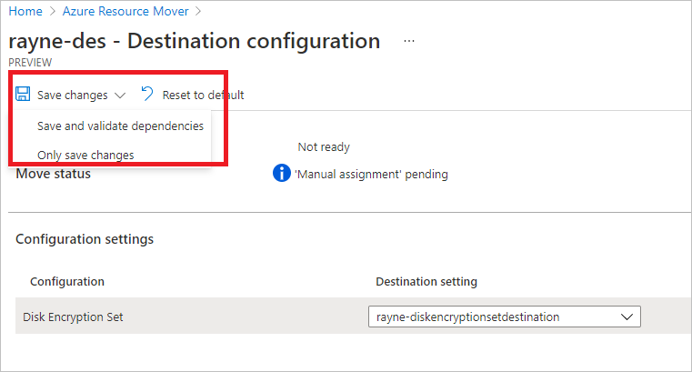Snímek obrazovky s podoknem Cílová konfigurace pro ukládání změn v cílové oblasti