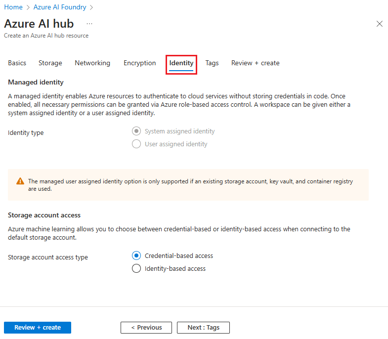Snímek obrazovky s centrem Vytvořit Azure AI s možností vybrat spravovanou identitu