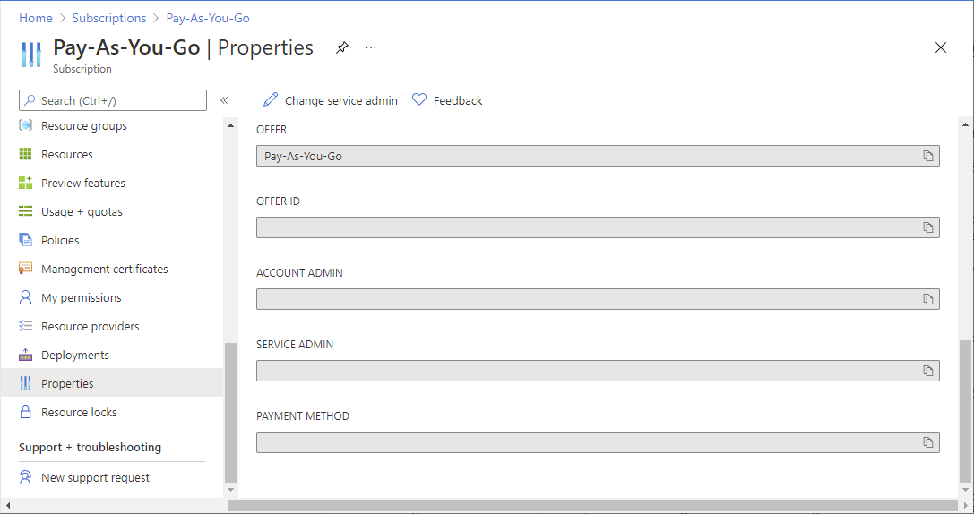 Snímek obrazovky se správcem účtu a správcem služeb v Azure Portal