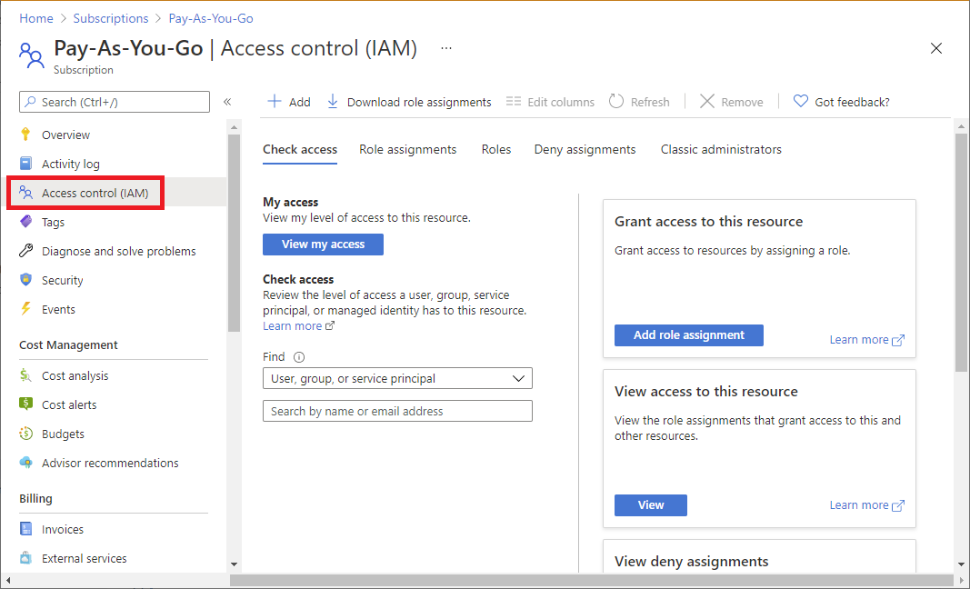 Snímek obrazovky se stránkou Řízení přístupu (IAM) pro předplatné