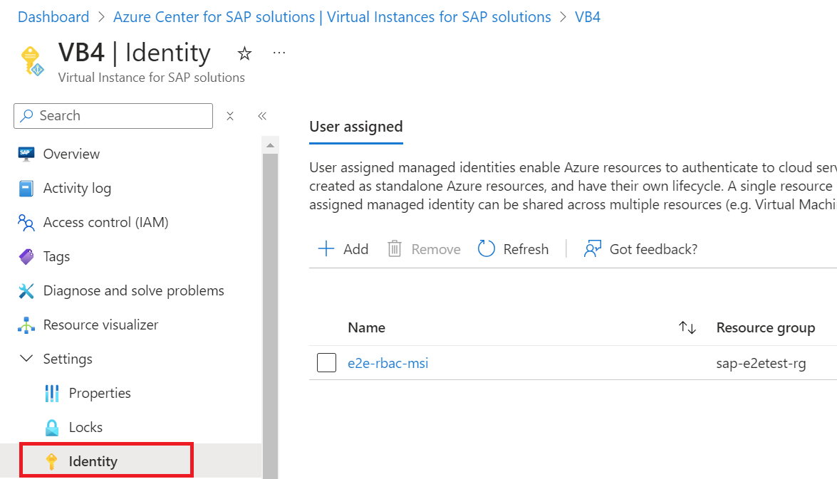 Snímek obrazovky se zobrazením Spravovat identitu v části VIS na webu Azure Portal