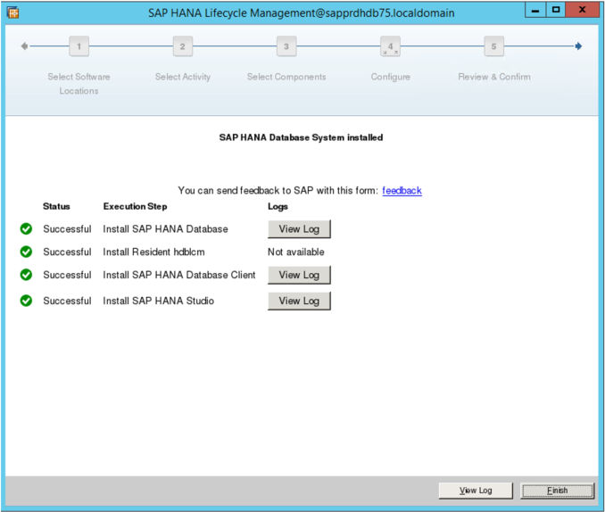 Snímek obrazovky správy životního cyklu SAP HANA s informací o dokončení instalace