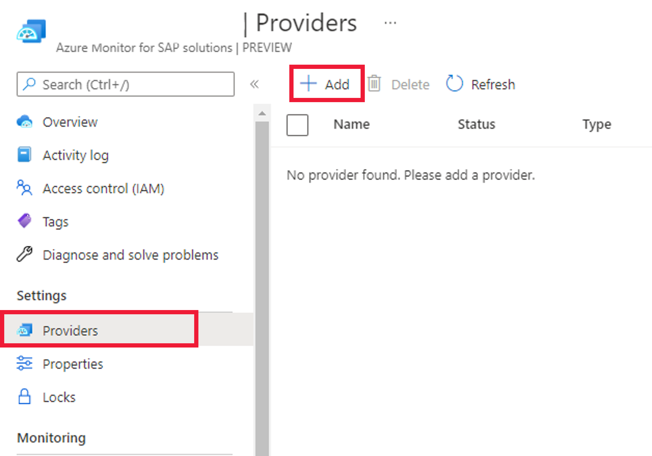 Diagram znázorňující prostředek azure Monitoru pro řešení SAP na webu Azure Portal zobrazující tlačítko pro přidání nového poskytovatele