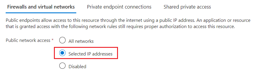 Snímek obrazovky znázorňující možnosti síťového přístupu na webu Azure Portal