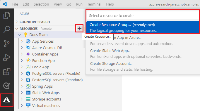 Snímek obrazovky editoru Visual Studio Code v Průzkumníku Azure s možností **Vytvořit skupinu prostředků**.