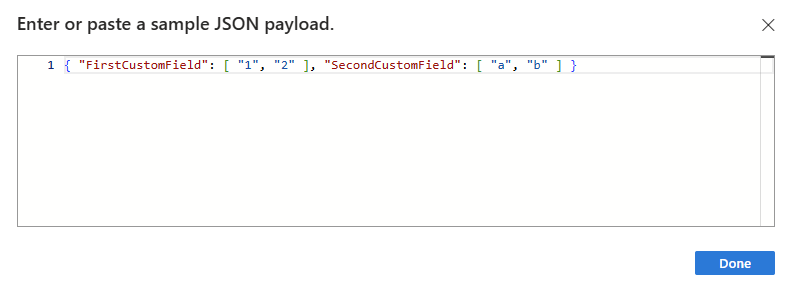 Snímek obrazovky ukazuje ukázkovou datovou část JSON.