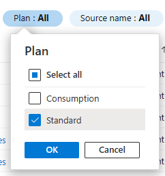 Snímek obrazovky znázorňující, jak filtrovat seznam aplikací pro standardní typ plánu