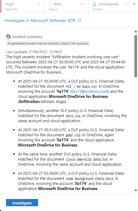 Snímek obrazovky, který ukazuje rozšířený souhrn incidentu.
