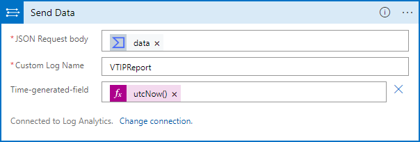 Snímek obrazovky znázorňující akci odeslání záznamu sestavy Virus Total do tabulky v Log Analytics
