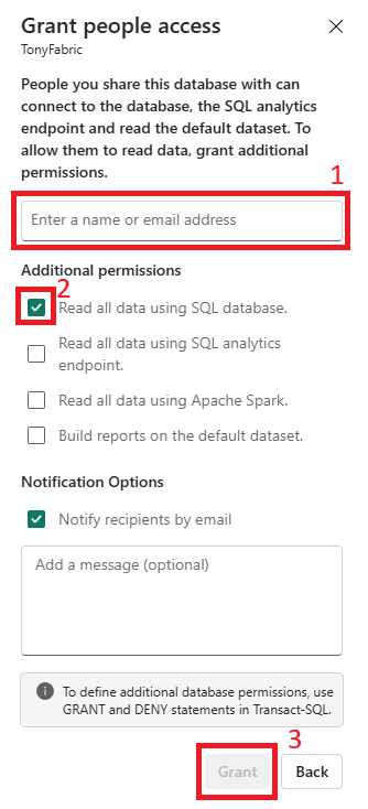 Snímek obrazovky portálu Fabric, kde jsou zadávány názvy jakýchkoli přiřazených spravovaných identit, je vybrána možnost Číst všechna data pomocí databáze SQL a nakonec je kliknuto na tlačítko Udělit.