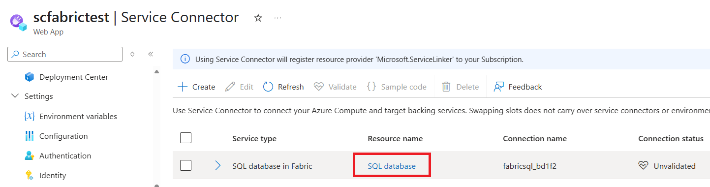 Snímek obrazovky portálu Azure s výběrem odkazu SQL Database pro přechod na portál Fabric.