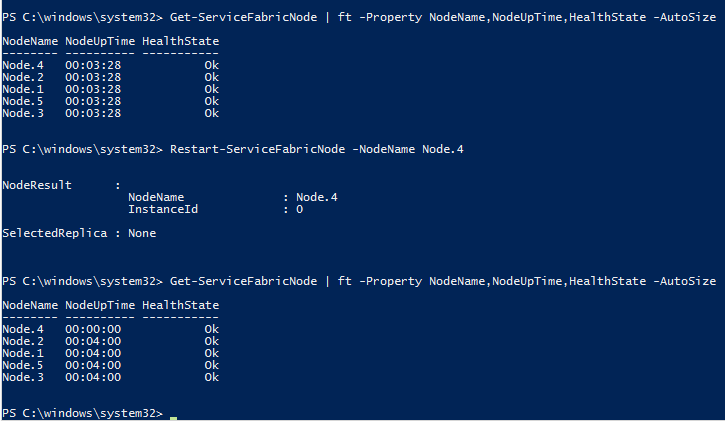 Snímek obrazovky se spuštěním příkazu Restart-ServiceFabricNode v PowerShellu