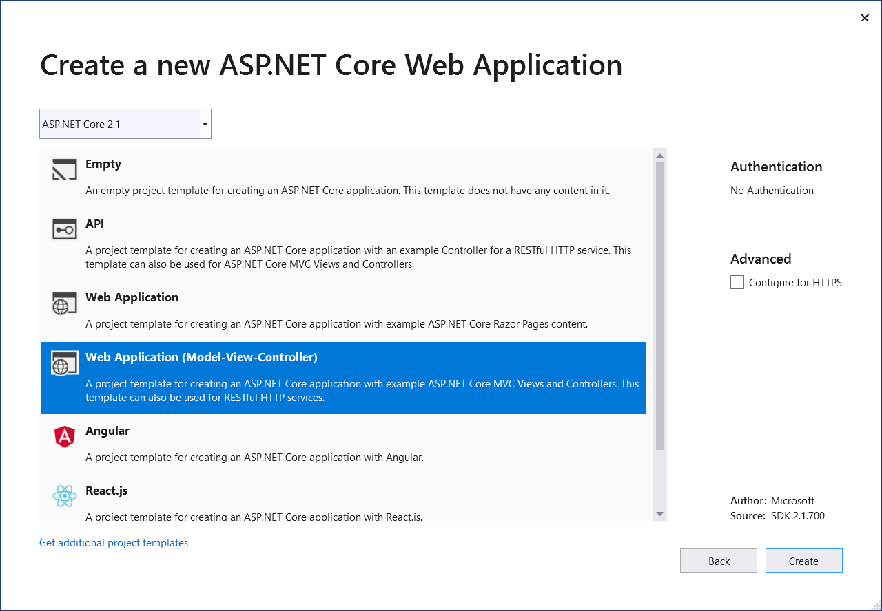 Snímek obrazovky znázorňující výběr typu ASP.NET projektu