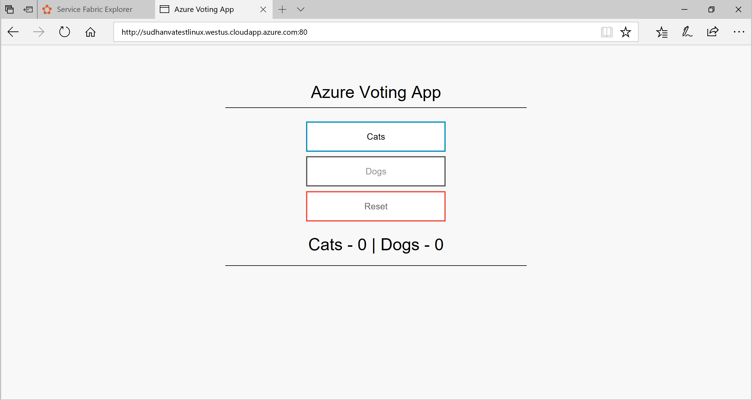 Snímek obrazovky znázorňující hlasovací aplikaci Azure s tlačítky pro Kočky, Psi a Reset a součty
