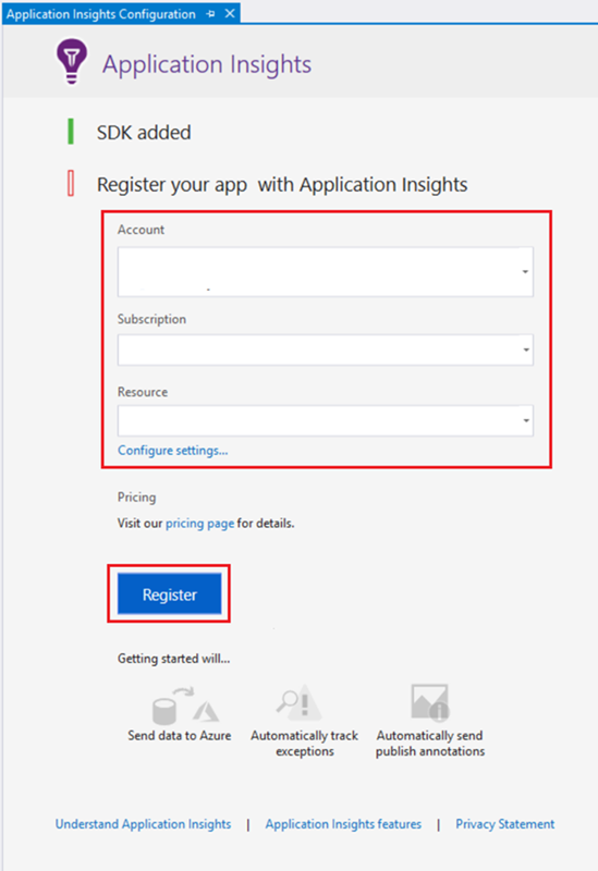 Snímek obrazovky, který ukazuje, jak zaregistrovat Application Insights