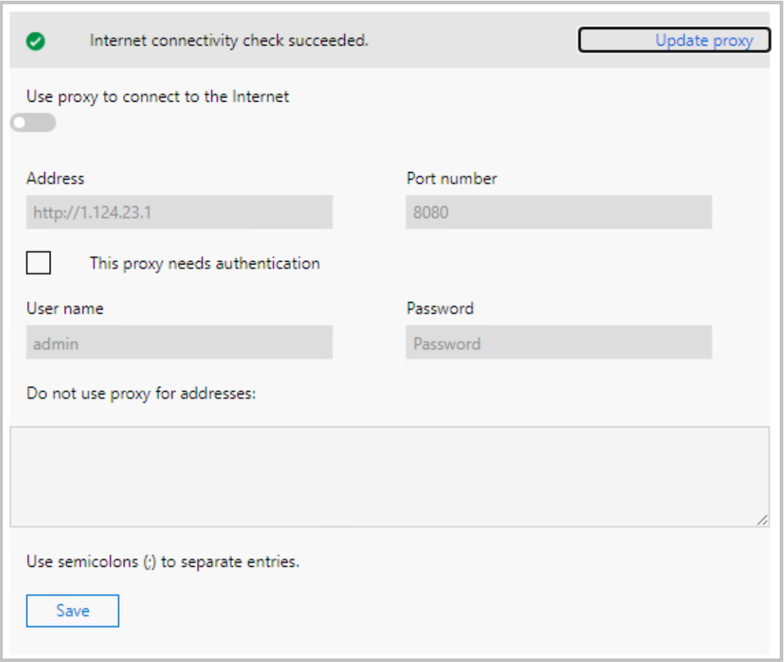 Snímek obrazovky zobrazující obrazovku aktualizace proxy serveru