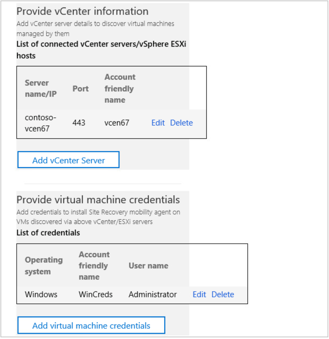 Snímek obrazovky znázorňující konfiguraci vCenter