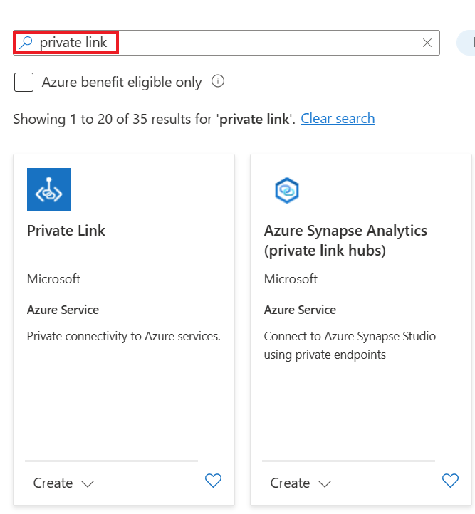 Snímek obrazovky znázorňující hledání na webu Azure Portal pro Centrum služby Private Link