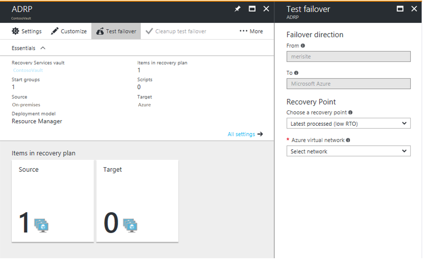 Snímek obrazovky se stránkou Testovací převzetí služeb při selhání v Azure Portal