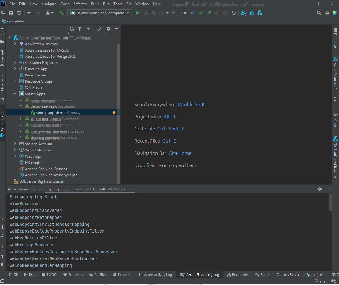 Snímek obrazovky IntelliJ IDEA zobrazující protokol streamování v okně výstupu
