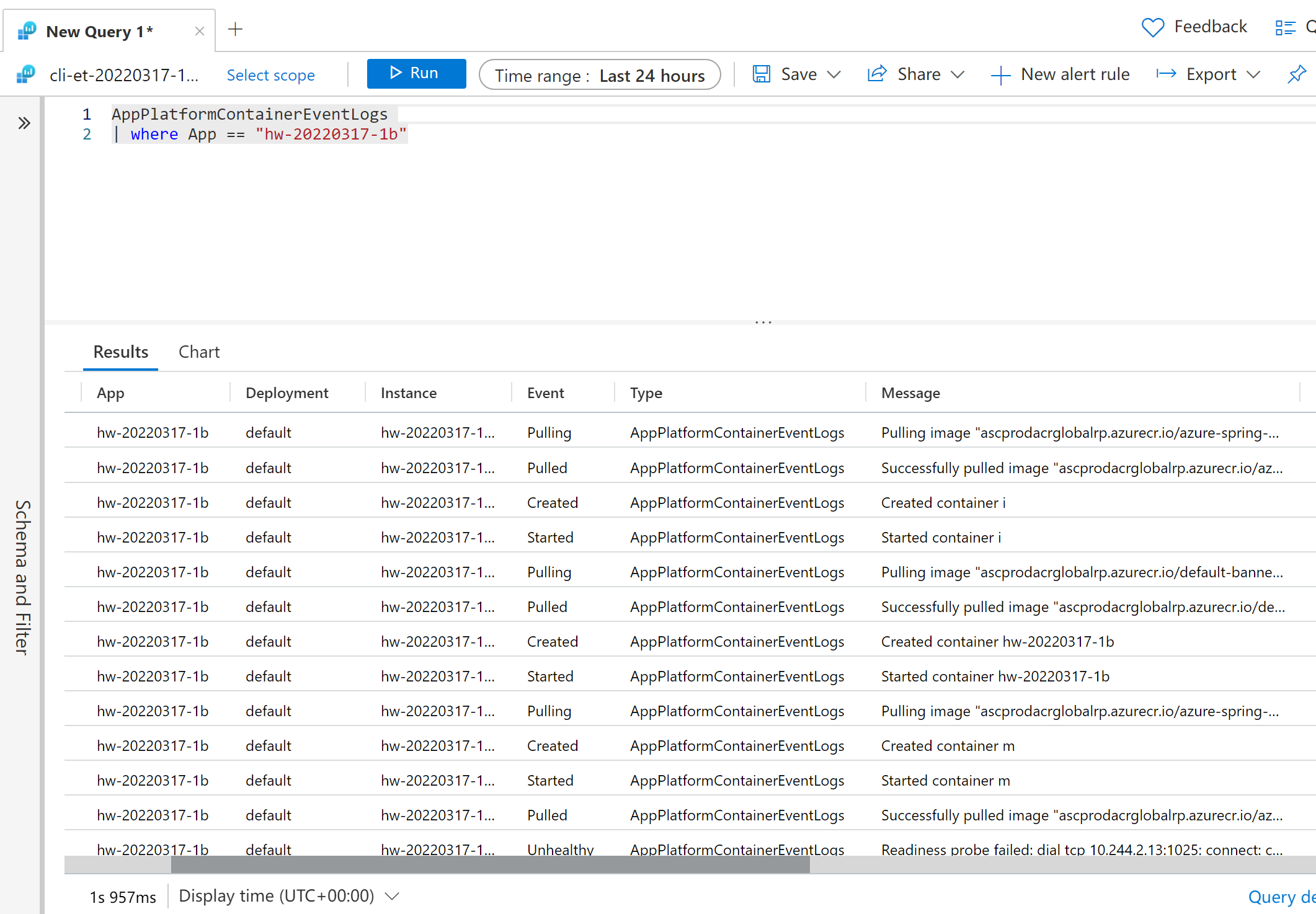 Snímek obrazovky služby Azure Monitor, který zobrazuje protokol událostí kontejneru