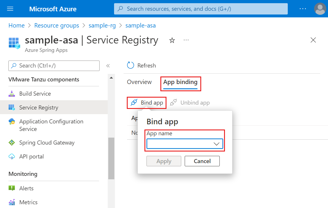 Snímek obrazovky webu Azure Portal zobrazující stránku Registr služeb se zvýrazněným rozevíracím seznamem Vazby aplikace