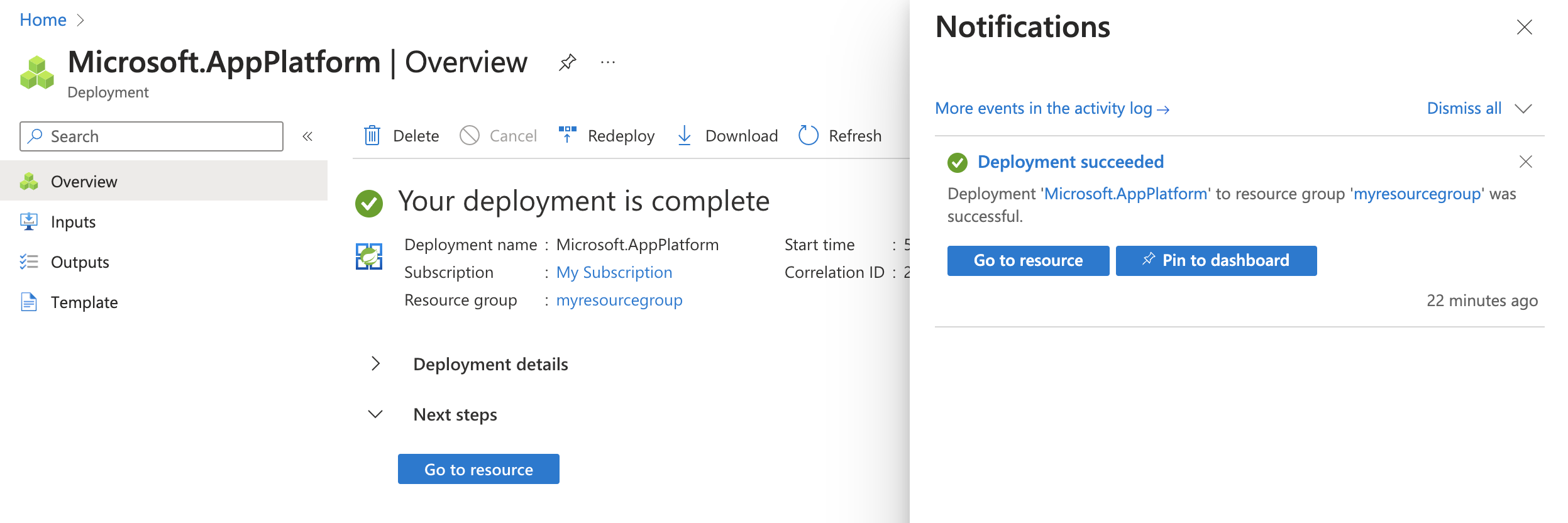 Screenshot of the Azure portal that shows the Overview page with the Notifications pane open.