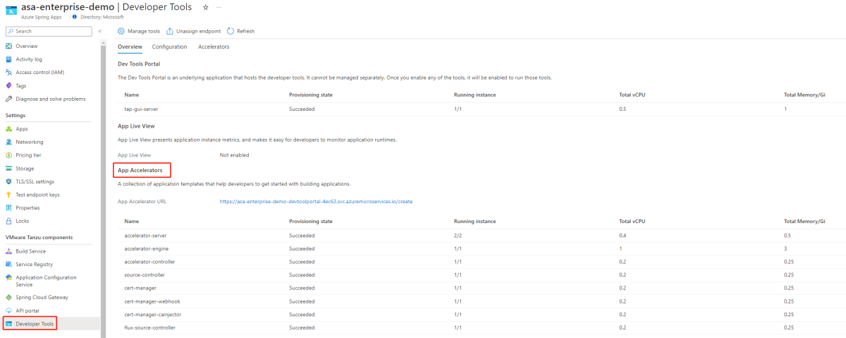 Snímek obrazovky webu Azure Portal se stránkou Vývojářské nástroje