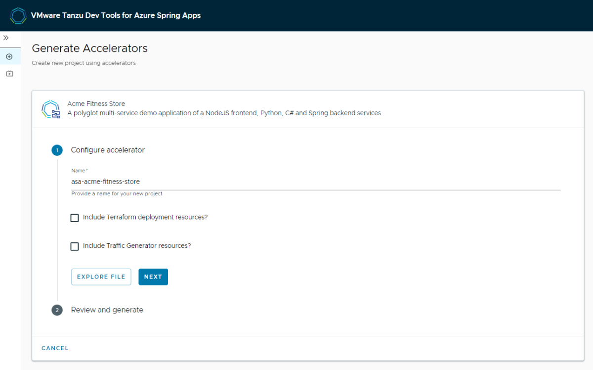 Snímek obrazovky se stránkou VMware Tanzu Dev Tools for Azure Spring Apps Generate Accelerators zobrazící oddíl Konfigurace akcelerátoru