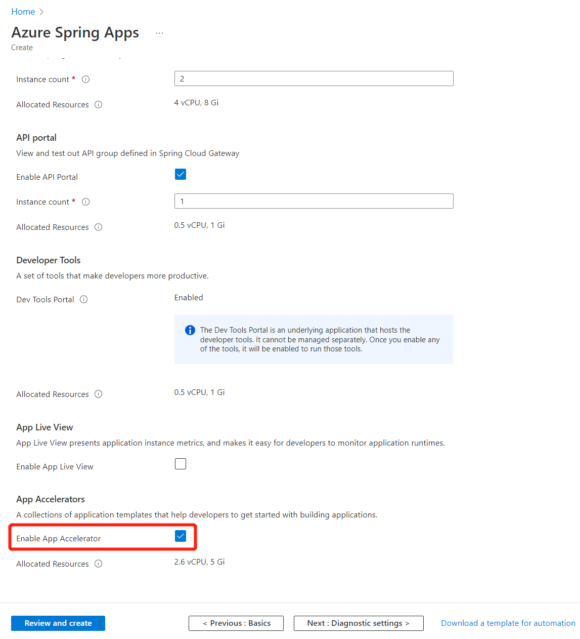 Snímek obrazovky webu Azure Portal, který zobrazuje kartu nastavení VMware Tanzu se zvýrazněným zaškrtávacím polem Povolit akcelerátor aplikace