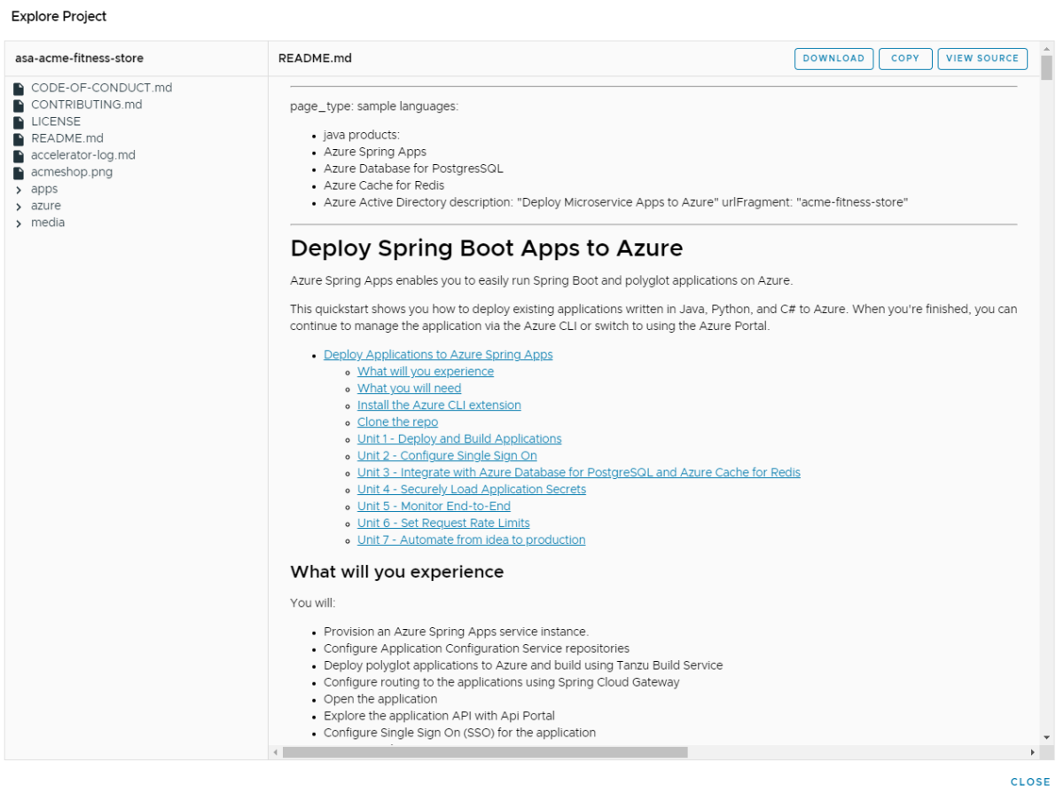 Snímek obrazovky s podoknem projektu VMware Tanzu Dev Tools for Azure Spring Apps Explore