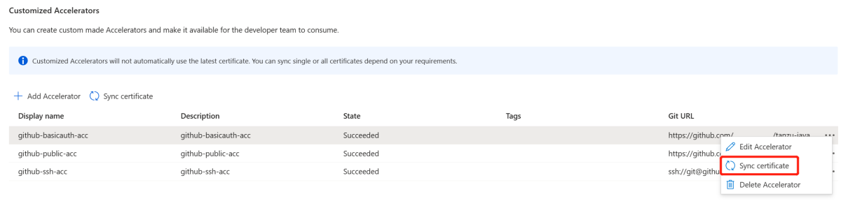 Snímek obrazovky nebo webu Azure Portal zobrazící podokno Přizpůsobené akcelerátory se zvýrazněnou možností místní nabídky Synchronizovat certifikát