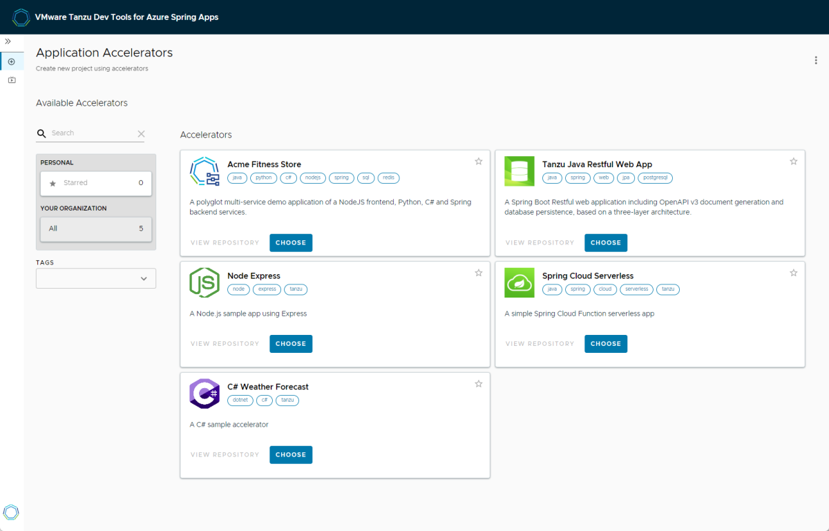 Snímek obrazovky se stránkou akcelerátorů aplikací VMware Tanzu Dev Tools for Azure Spring Apps