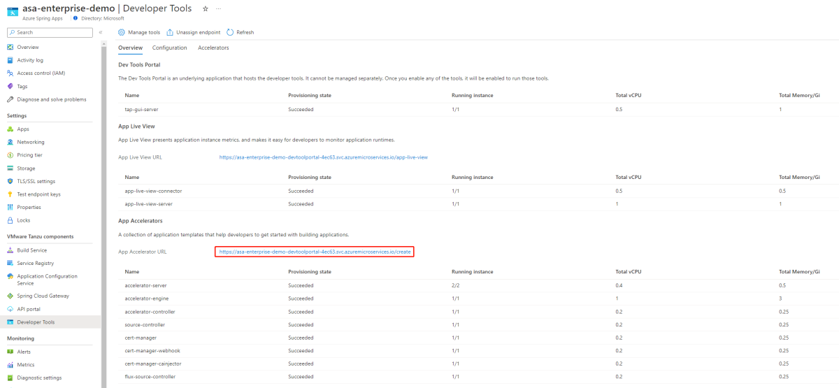 Snímek obrazovky webu Azure Portal se stránkou Vývojářské nástroje se zvýrazněnou adresou URL akcelerátoru aplikací